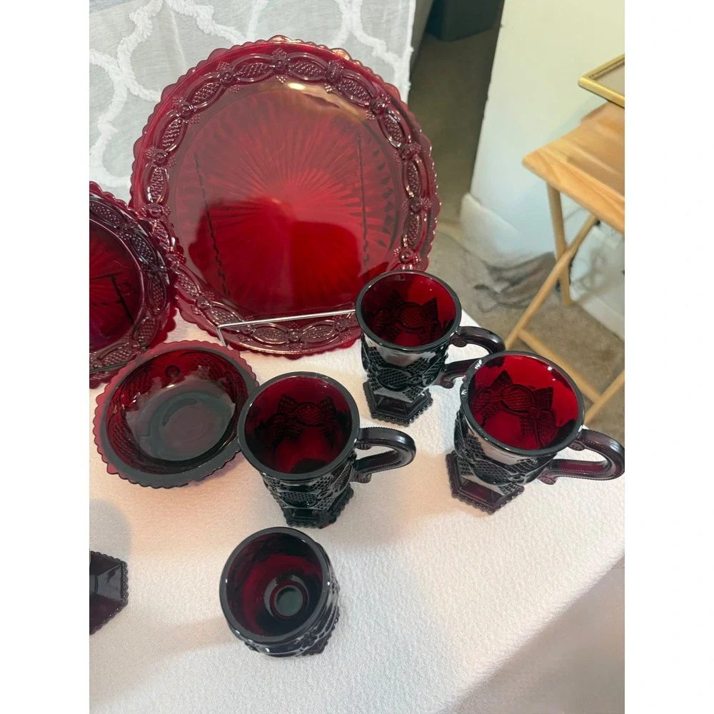 Vintage Avon 1876 Ruby Red Glass Dinnerware Set Plates Mugs Goblets Bowls